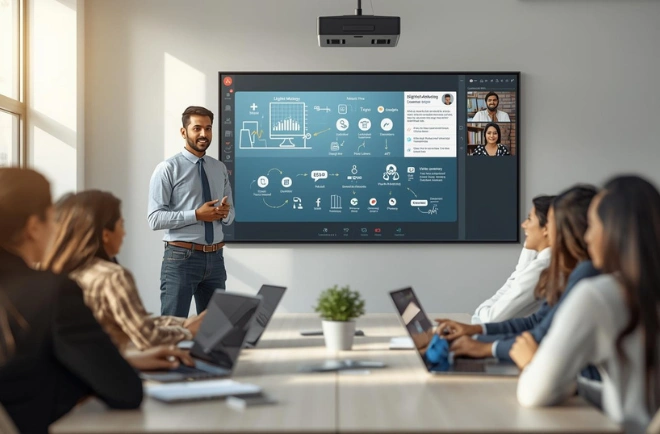 Digital marketing trainer teaching students in a classroom with placement support and industry tools training