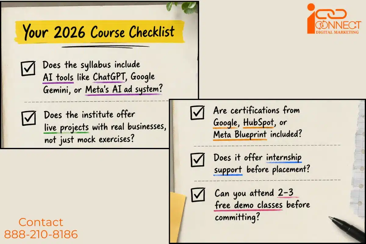 Checklist for choosing the best digital marketing course in 2026 with AI tools, internships, certifications, and live projects