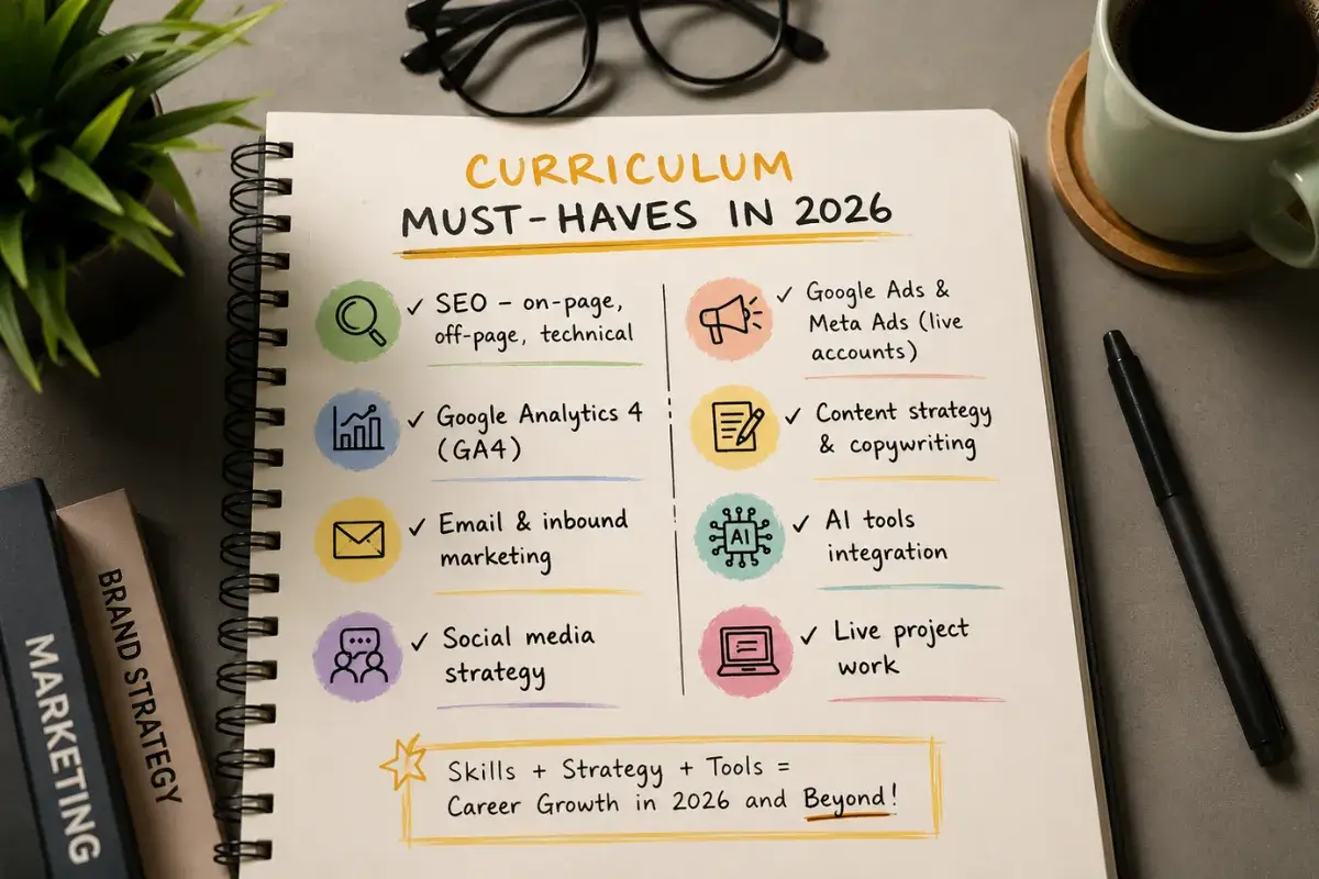 Digital marketing course curriculum for 2026 including SEO Google Ads GA4 AI tools and live projects
