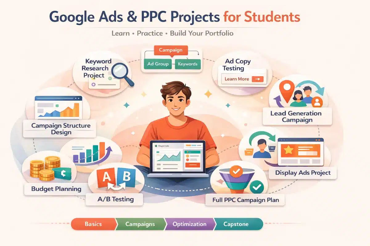 Illustration showing Google Ads and PPC project ideas for students including keyword research, campaign structure, A/B testing, display ads, lead generation, and budget planning