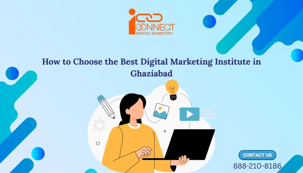 Illustration showing a student learning digital marketing online with laptop, representing how to choose the best digital marketing institute in Ghaziabad for SEO, PPC, social media marketing, and career growth.