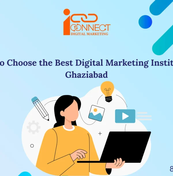 Illustration showing a student learning digital marketing online with laptop, representing how to choose the best digital marketing institute in Ghaziabad for SEO, PPC, social media marketing, and career growth.