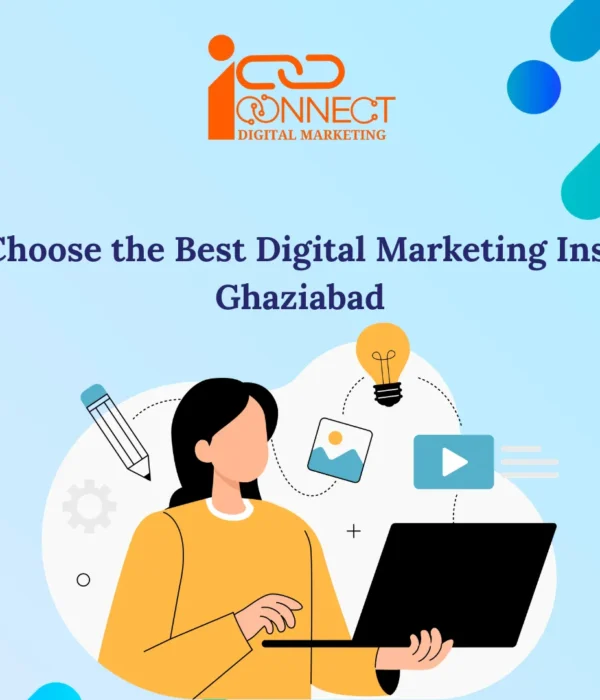 Illustration showing a student learning digital marketing online with laptop, representing how to choose the best digital marketing institute in Ghaziabad for SEO, PPC, social media marketing, and career growth.