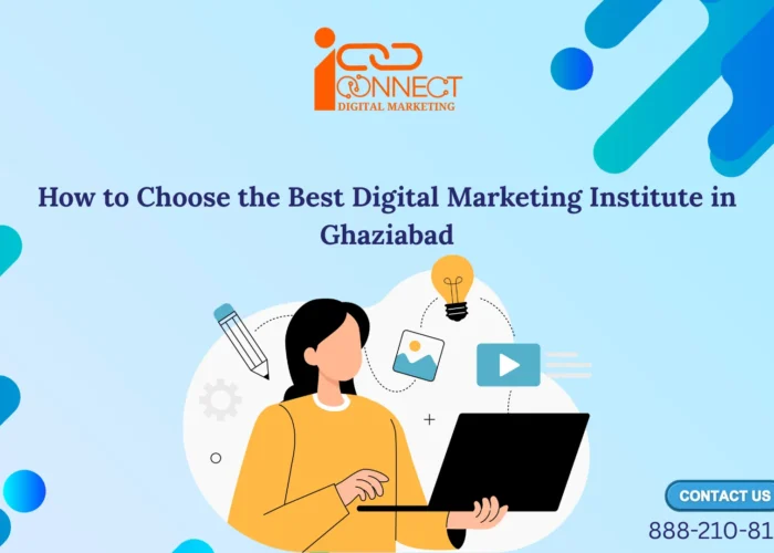 Illustration showing a student learning digital marketing online with laptop, representing how to choose the best digital marketing institute in Ghaziabad for SEO, PPC, social media marketing, and career growth.