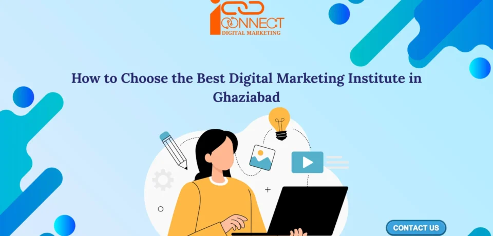 Illustration showing a student learning digital marketing online with laptop, representing how to choose the best digital marketing institute in Ghaziabad for SEO, PPC, social media marketing, and career growth.