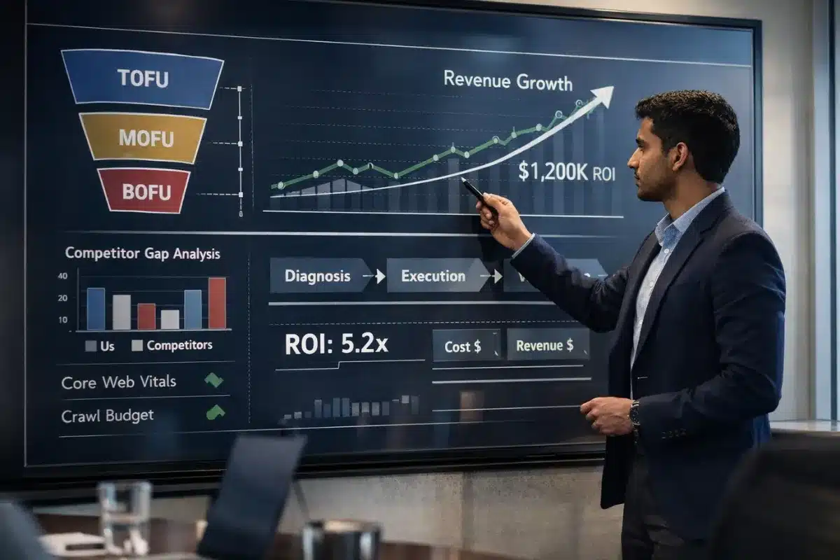 SEO strategy framework for MBA students showing revenue growth, competitor gap analysis, funnel stages, and Core Web Vitals metrics