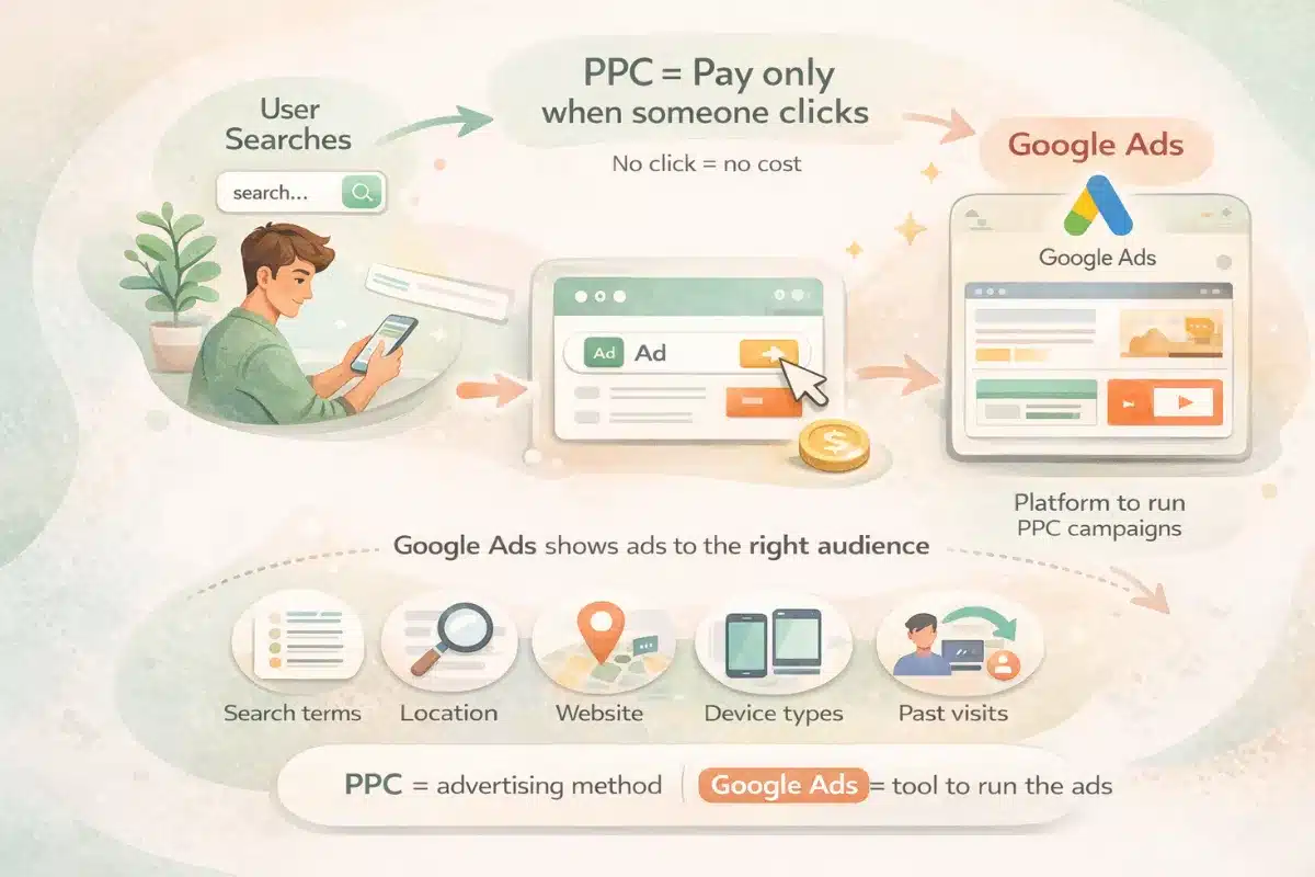 Illustration showing why PPC skills are important for students including customer search behaviour, ad targeting, budgeting, analytics, and campaign optimization