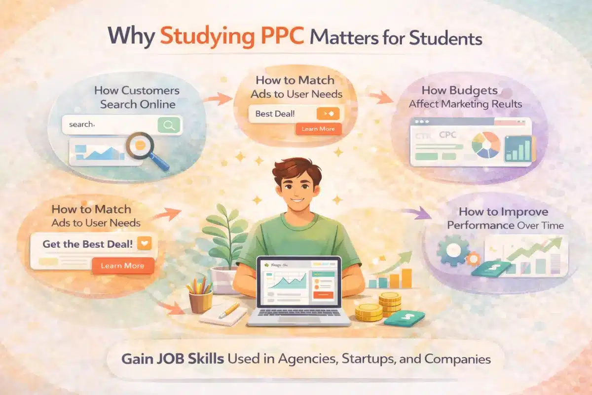 Illustration showing why PPC skills are important for students including customer search behaviour, ad targeting, budgeting, analytics, and campaign optimization