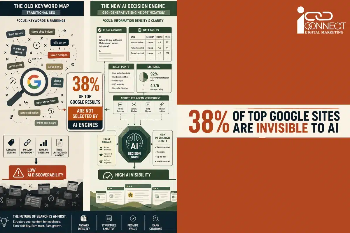 Infographic comparing traditional SEO and Generative Engine Optimization (GEO), showing how AI search engines prioritize structured content, trust signals, citations, and information clarity over keyword-focused optimization.