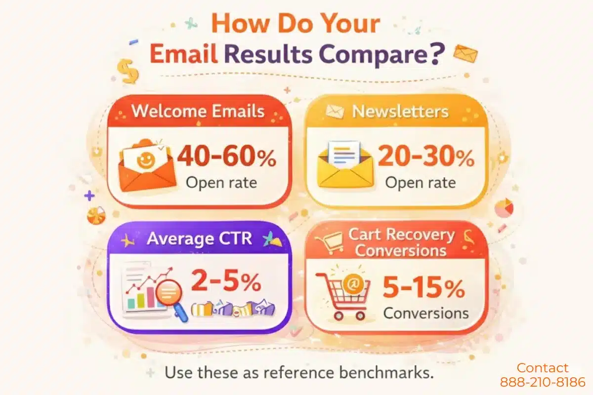 Email marketing performance benchmarks showing welcome email open rates, newsletter open rates, click-through rates, and cart recovery conversions.