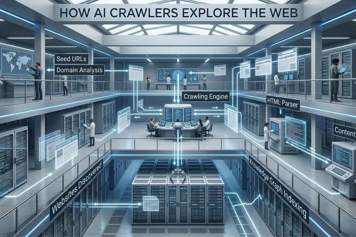 AI crawler workflow showing seed URLs, web crawling, HTML parsing, content extraction, and indexing