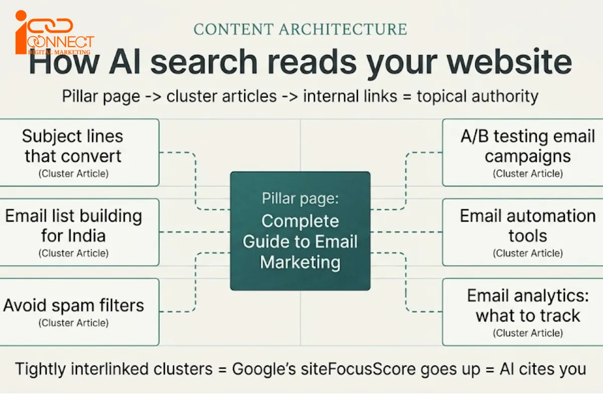 Diagram showing how AI search engines understand websites through pillar pages, topic clusters, and internal linking to build topical authority