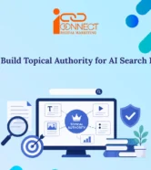 Illustration showing how to build topical authority for AI search engines using content clusters, SEO strategy, and trusted expertise signals