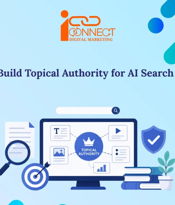 Illustration showing how to build topical authority for AI search engines using content clusters, SEO strategy, and trusted expertise signals