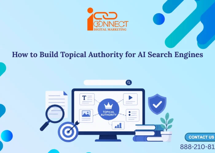Illustration showing how to build topical authority for AI search engines using content clusters, SEO strategy, and trusted expertise signals