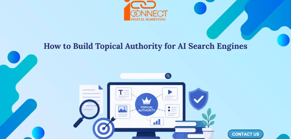 Illustration showing how to build topical authority for AI search engines using content clusters, SEO strategy, and trusted expertise signals