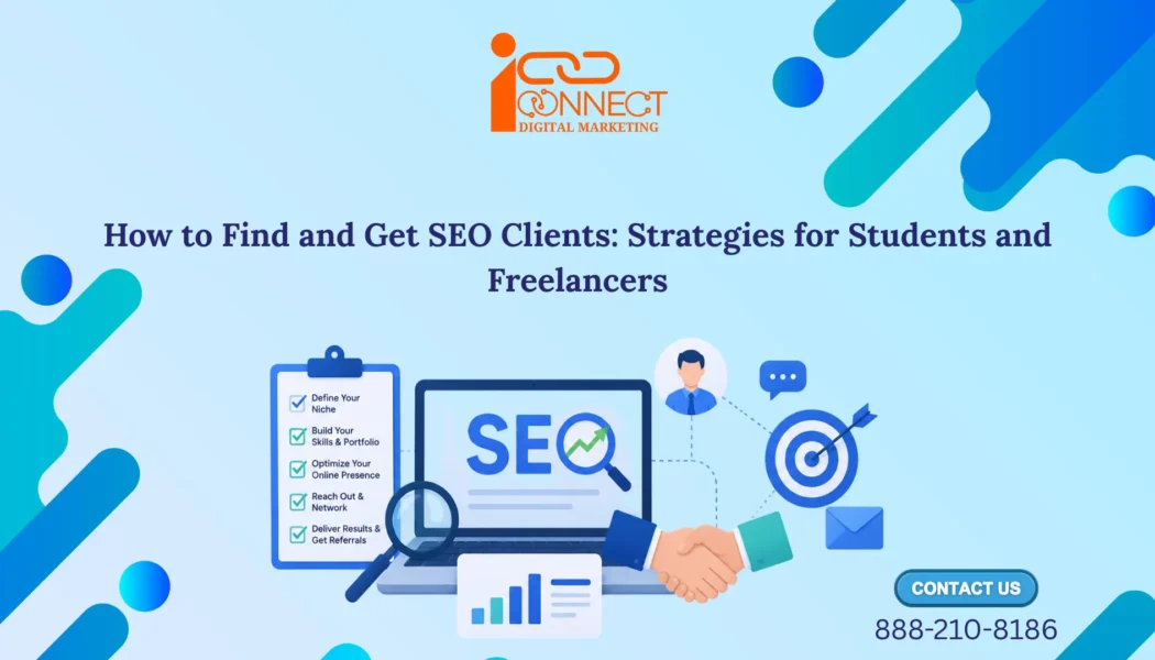 Illustration showing strategies to find SEO clients with SEO tools, networking, portfolio building, and client acquisition techniques for freelancers and beginners.