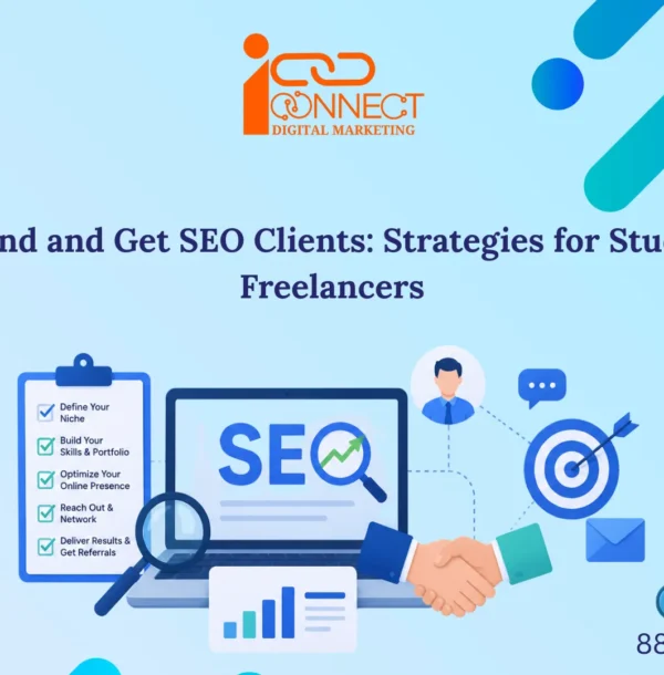 Illustration showing strategies to find SEO clients with SEO tools, networking, portfolio building, and client acquisition techniques for freelancers and beginners.
