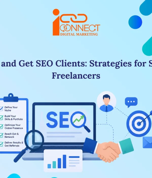 Illustration showing strategies to find SEO clients with SEO tools, networking, portfolio building, and client acquisition techniques for freelancers and beginners.