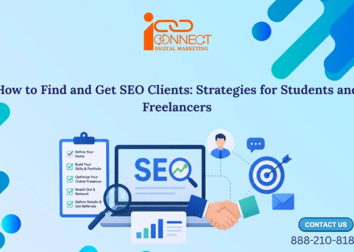 Illustration showing strategies to find SEO clients with SEO tools, networking, portfolio building, and client acquisition techniques for freelancers and beginners.