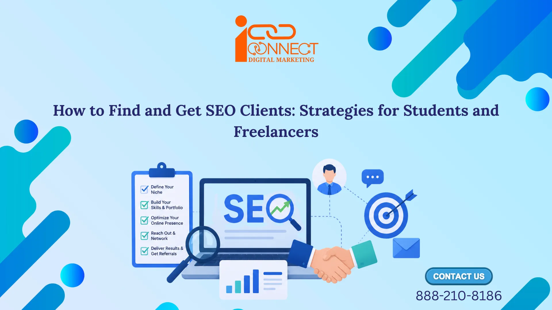 Illustration showing strategies to find SEO clients with SEO tools, networking, portfolio building, and client acquisition techniques for freelancers and beginners.