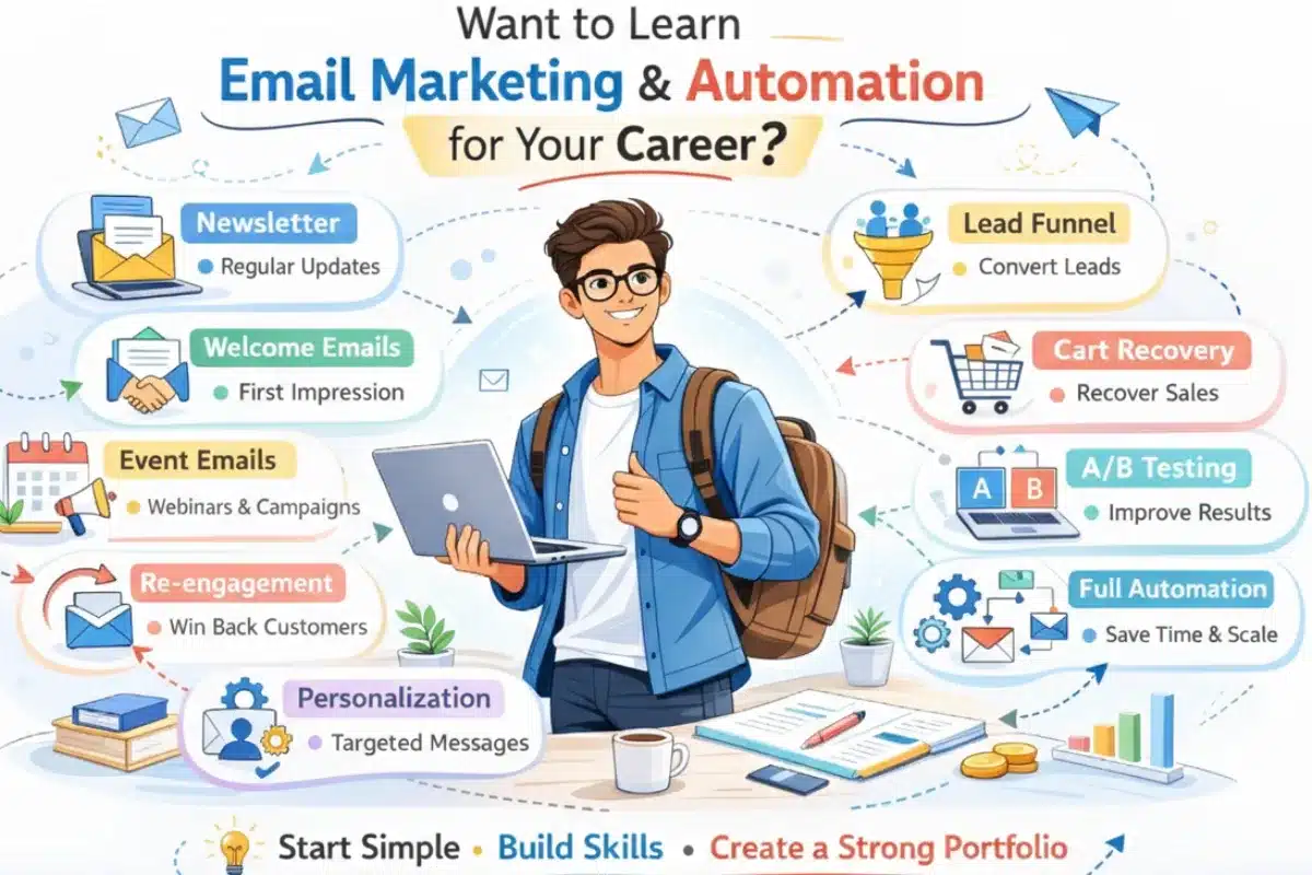 Student learning email marketing and automation skills including newsletters, welcome emails, personalization, lead funnels, A/B testing, and automation workflows.