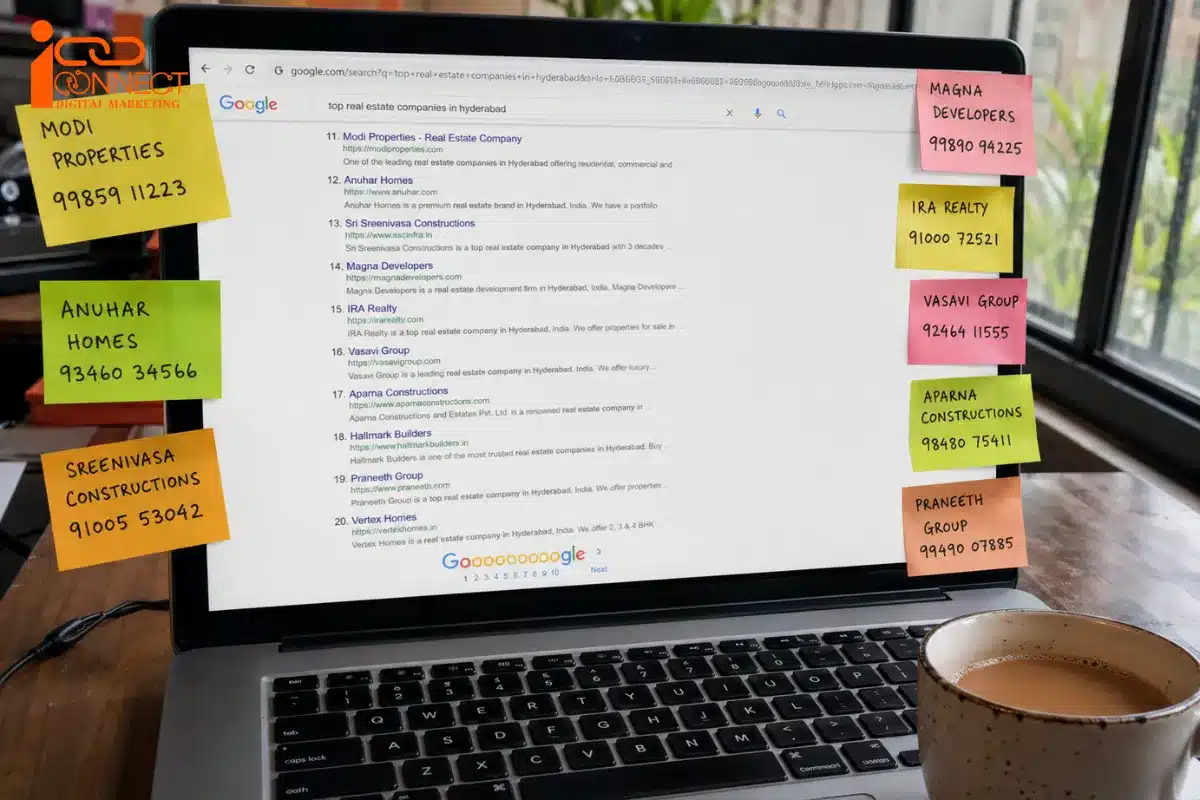 Laptop displaying Google search results with business contact information collected for SEO prospecting and local lead generation.