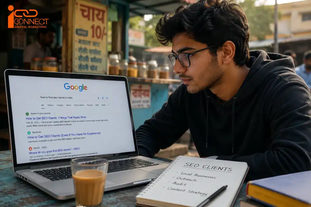Student researching SEO client acquisition strategies on a laptop while planning outreach, audits, and local business marketing services.