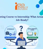 Infographic comparing a digital marketing course and internship to explain how classroom learning and real-world experience together make students job-ready