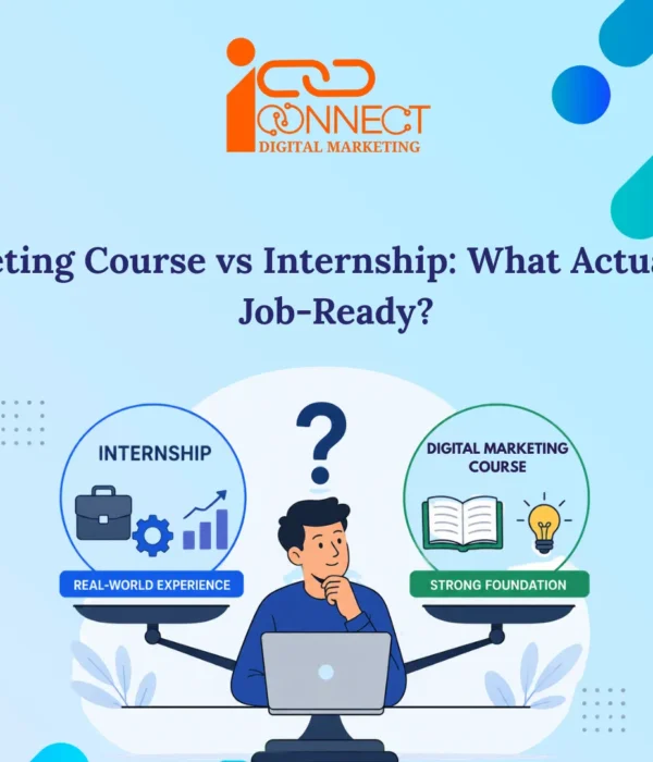 Infographic comparing a digital marketing course and internship to explain how classroom learning and real-world experience together make students job-ready