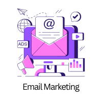 Email marketing illustration showing promotional emails, email automation, newsletters, and digital marketing communication with customers.