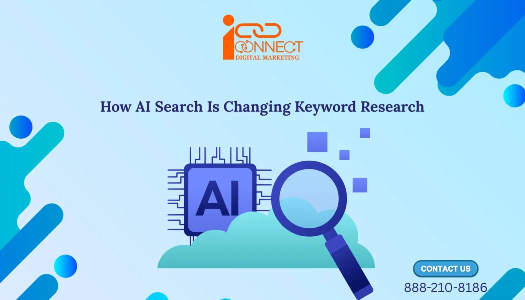 Illustration showing how AI search is transforming keyword research with an AI chip and search magnifying glass representing the future of SEO and AI-powered search optimization.