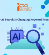 Illustration showing how AI search is transforming keyword research with an AI chip and search magnifying glass representing the future of SEO and AI-powered search optimization.