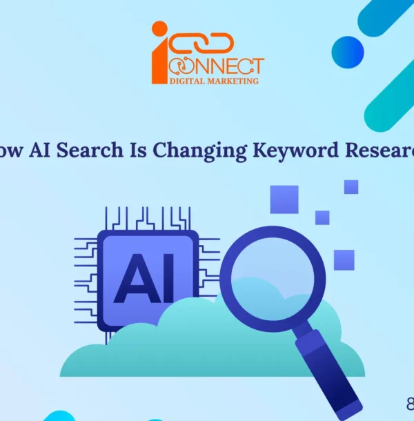 Illustration showing how AI search is transforming keyword research with an AI chip and search magnifying glass representing the future of SEO and AI-powered search optimization.
