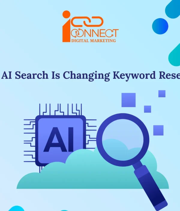 Illustration showing how AI search is transforming keyword research with an AI chip and search magnifying glass representing the future of SEO and AI-powered search optimization.