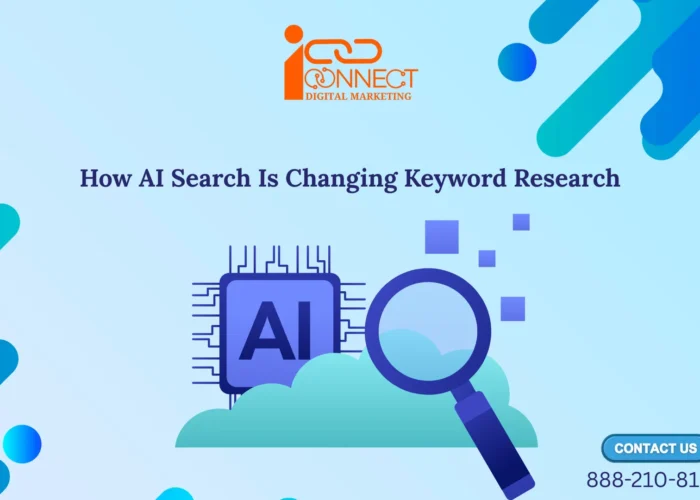 Illustration showing how AI search is transforming keyword research with an AI chip and search magnifying glass representing the future of SEO and AI-powered search optimization.