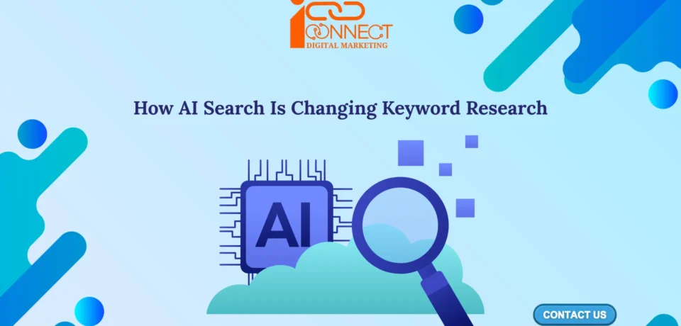 Illustration showing how AI search is transforming keyword research with an AI chip and search magnifying glass representing the future of SEO and AI-powered search optimization.