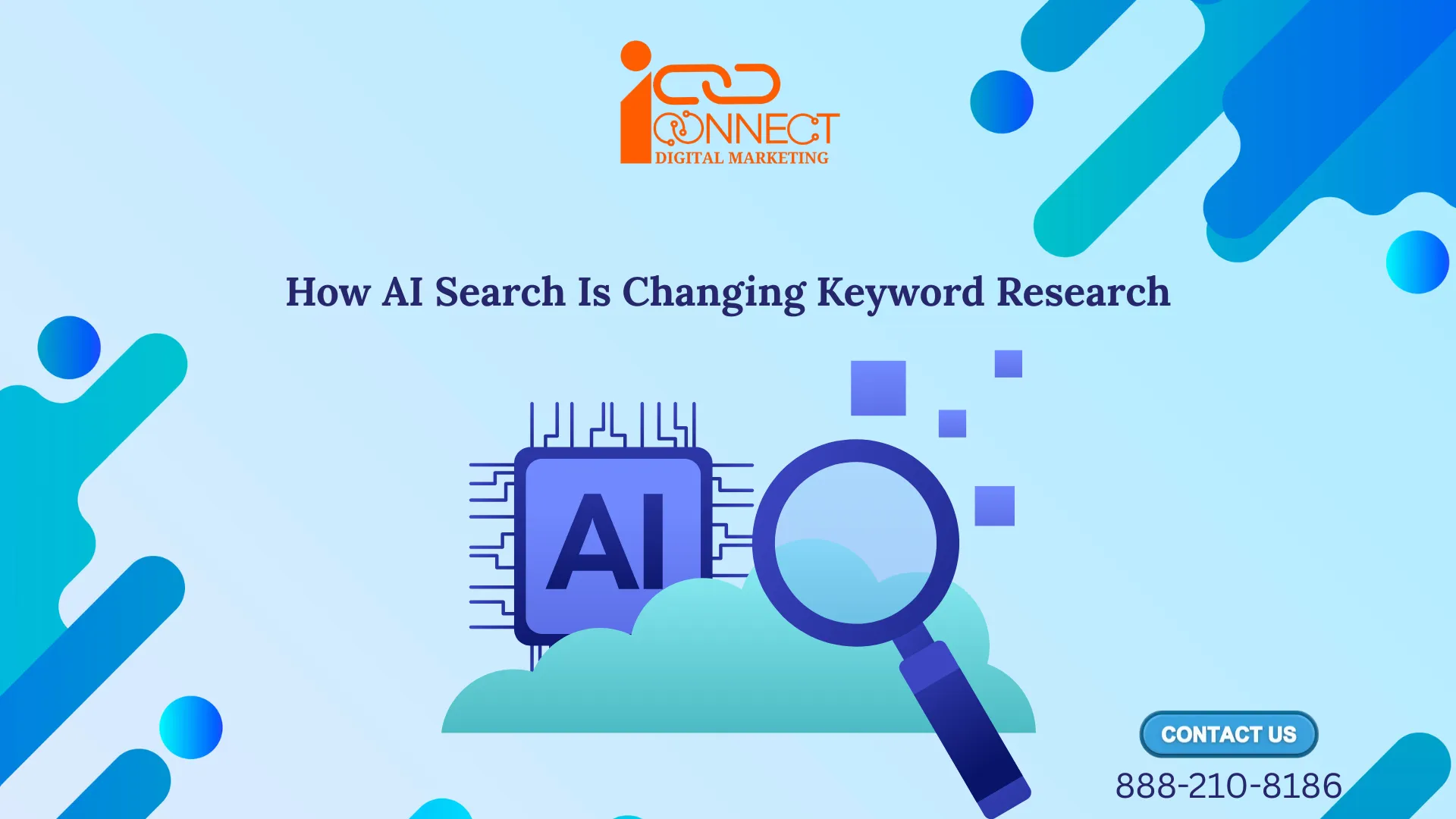 Illustration showing how AI search is transforming keyword research with an AI chip and search magnifying glass representing the future of SEO and AI-powered search optimization.