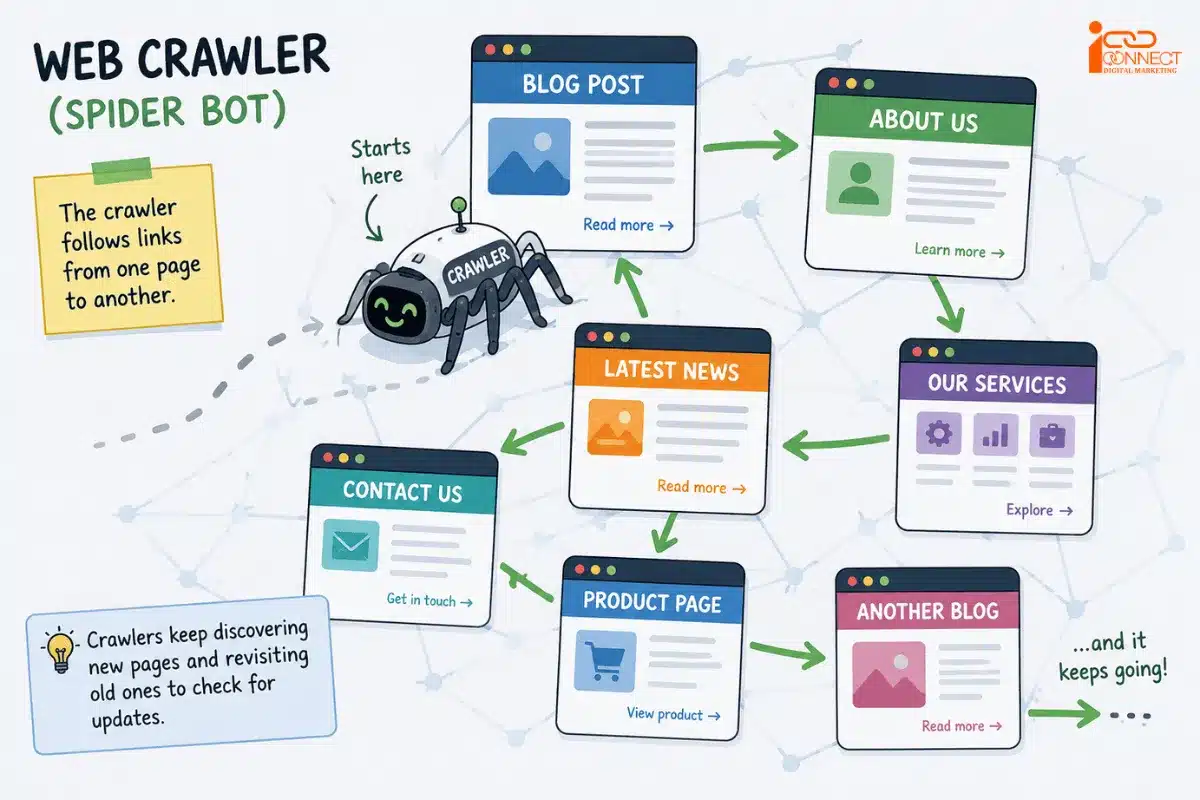 Web crawler (spider bot) infographic showing how search engine crawlers discover web pages by following internal links between blog posts, service pages, contact pages, and product pages.