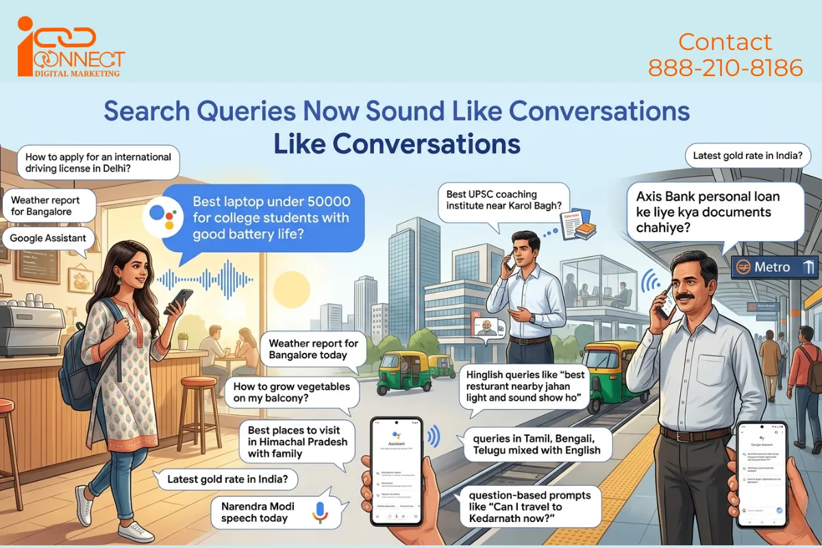 Digital illustration explaining how people use conversational language, voice search, and AI assistants to perform natural language searches in multiple languages.