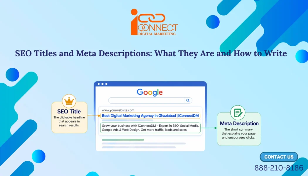 Infographic explaining the difference between an SEO title and a meta description, showing how both appear in Google Search results and influence search visibility and click-through rate.