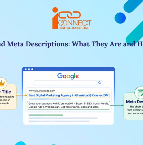 Infographic explaining the difference between an SEO title and a meta description, showing how both appear in Google Search results and influence search visibility and click-through rate.