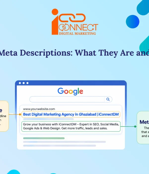 Infographic explaining the difference between an SEO title and a meta description, showing how both appear in Google Search results and influence search visibility and click-through rate.