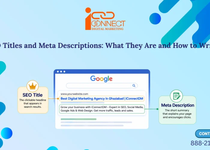 Infographic explaining the difference between an SEO title and a meta description, showing how both appear in Google Search results and influence search visibility and click-through rate.