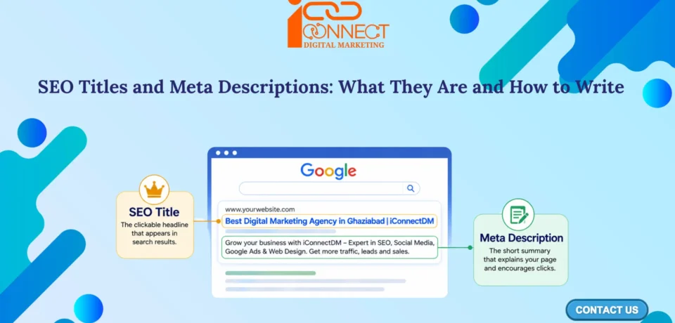 Infographic explaining the difference between an SEO title and a meta description, showing how both appear in Google Search results and influence search visibility and click-through rate.