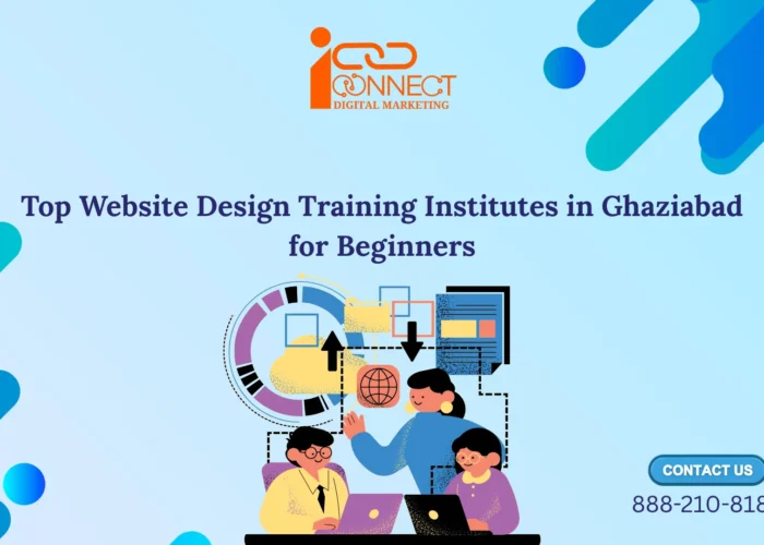 Illustration highlighting the top website design training institutes in Ghaziabad for beginners, featuring students learning web design, UI/UX, and website development skills.