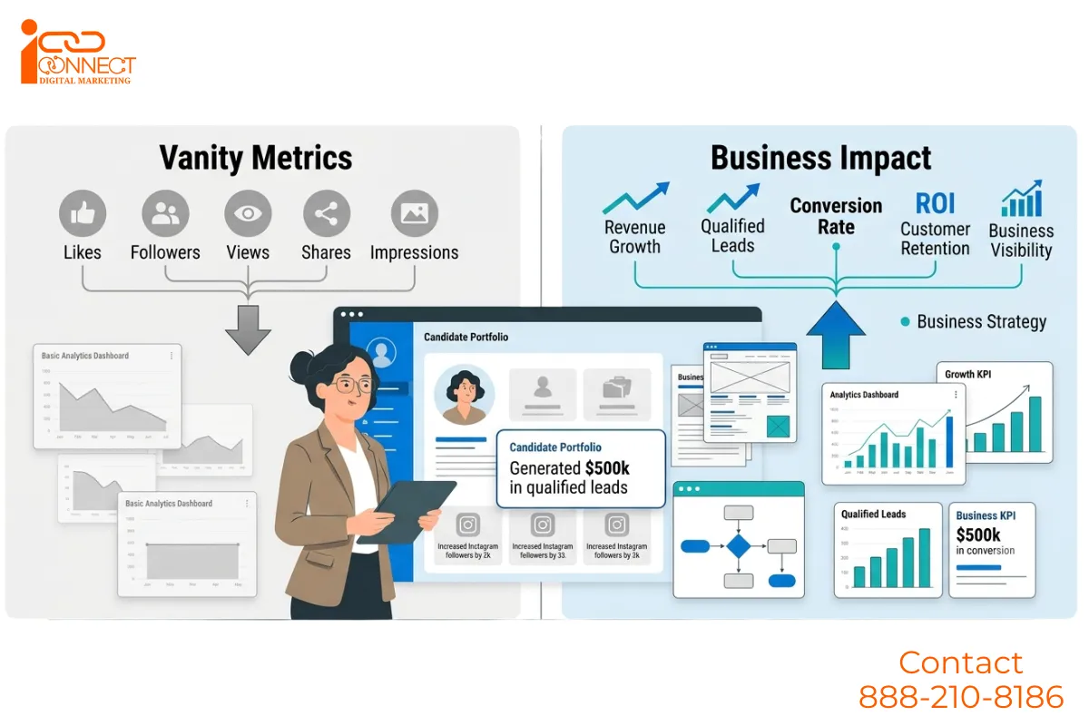 Infographic comparing vanity metrics such as likes, followers, views, shares, and impressions with business impact metrics including revenue growth, qualified leads, conversion rate, customer retention, and business visibility.