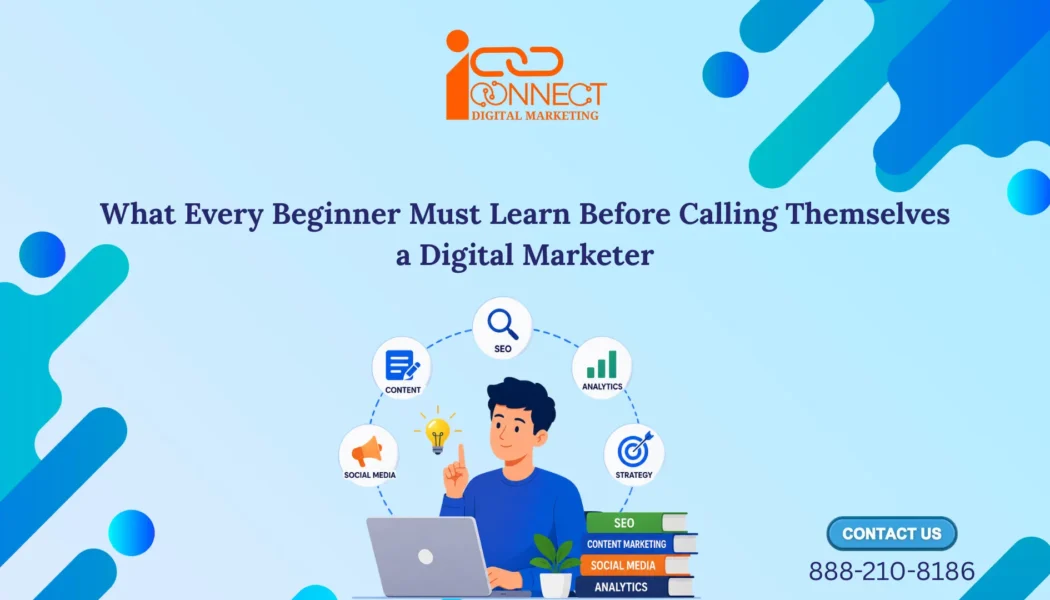 Illustration of a beginner learning digital marketing fundamentals including SEO, content marketing, social media marketing, analytics, and digital marketing strategy.