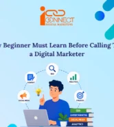 Illustration of a beginner learning digital marketing fundamentals including SEO, content marketing, social media marketing, analytics, and digital marketing strategy.