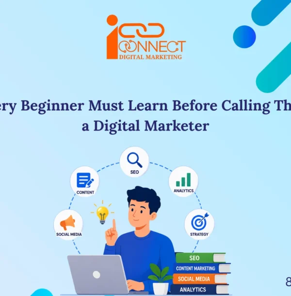 Illustration of a beginner learning digital marketing fundamentals including SEO, content marketing, social media marketing, analytics, and digital marketing strategy.